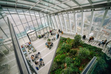 Londra, Birleşik Krallık - 12 Kasım 2022 - Ziyaretçileri, panoramik şehir manzarası, yemyeşil ve yüksek katlı bir binada bir kafe oturma alanı olan modern cam kaplı kapalı bir bahçe