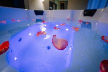 Lüks bir jakuzinin yakın plan çekimi. Parlayan mavi su ve yüzeyde yüzen narin gül yapraklarıyla romantik ve rahatlatıcı bir ortam yaratıyor..