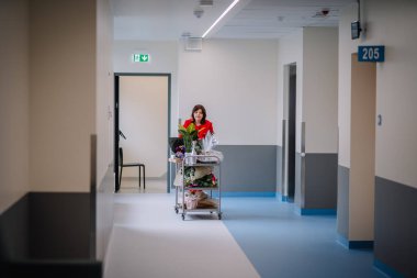 Valmiera, Letonya - 29 Kasım 2024 - Kırmızı elbiseli bir kadın, 205 numaralı odanın yakınındaki bir rehabilitasyon merkezindeki koridorda elinde çiçekler ve hediyelerle bir arabayı itiyor..