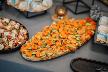 Valmiera, Letonya - 29 Kasım 2024 - Somon, avokado ve incir içeren çeşitli gurme kanepelerin bir rehabilitasyon merkezinde servis edildiği bir etkinlik.