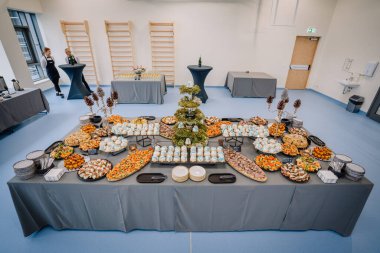 Valmiera, Letonya - 29 Kasım 2024 - Bir rehabilitasyon merkezinde resmi bir etkinlik için hazırlanan çeşitli aperatifler ve tatlılarla dolu şık büfe masası.