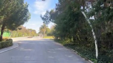 Belek, Türkiye - 25 Şubat 2025 - Palmiye ağaçları, peyzajlı çimenler ve berrak mavi gökyüzü altında modern tatil köyleri bulunan bir otel alanından geçen manzara.