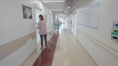 Valmiera, Letonya - 24 Mart 2025 - Yeni doğan arabasını iten bir hemşire ve bir kadınla hastane koridoru. Takvim çizelgeleri ve bebek fotoğrafı dekoru duvarlarda görünüyor..