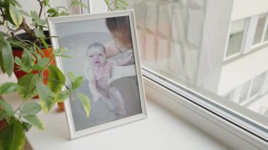 Valmiera, Letonya - 24 Mart 2025 - Doğumdan sonra tutulan bir bebeğin çerçeveli fotoğrafı, portakal kabındaki yapraklı yeşil bir bitkinin yanındaki pencere pervazına yerleştirildi..