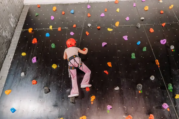 Valmiera, Letonya - 28 Mart 2025 - Güvenlik kemeri ve kırmızı miğferli genç kız, tırmanma rotasındaki bir sonraki kavrama noktasına ulaşmak için renkli kolları olan kapalı bir kaya duvarına tırmanıyor..