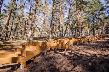 Bir orman yamacında yapım aşamasındaki ahşap merdiven, metal zemin çapaları tarafından destekleniyor ve uzun çam ağaçları olan kumlu bir araziye kuruluyor..