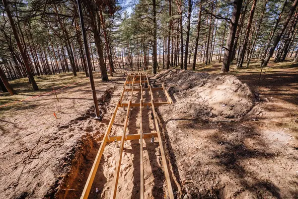 Tahta merdiven iskeleti kumlu bir orman tepesinde, ağaçlar ve dikkat bantlarıyla çevrili, uzaktaki sahile doğru gidiyor..
