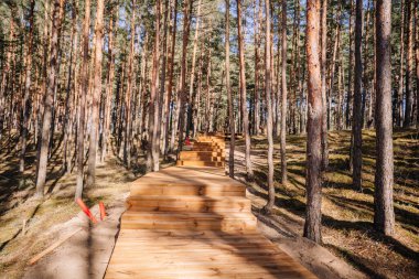 İnşaat halindeki ahşap merdivenler yoğun bir çam ormanında, açık bir günde doğal manzara ve yumuşak güneş ışığıyla çevrili yokuş yukarı gidiyor..