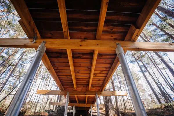 Ormandaki metal vida yığınları tarafından desteklenen ahşap kaldırım yolunun yakın plan alt görüntüsü, yapısal kirişleri ve bağlayıcıları gösteriyor.