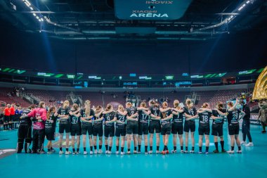Riga, Letonya - 12 Nisan 2025 - Kadınlar, iç sahada düzenlenen florbol finallerinde birlik ve zaferi kutlamak için kollarını sırayla diziliyorlar.