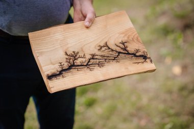 Bir insan Lichtenberg fraktal yanık desenli ahşap bir kalas tutar. Yüksek voltajlı yanma kaynaklı koyu renkli, dallı tasarımlar gösterir..