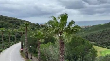 Sarmal kıyı yolu, bereketli yeşil tepeler boyunca uzanan palmiye ağaçları, deniz kıyısındaki bir köye bakan ve dramatik bulutlu gökyüzünün altında sakin okyanus..