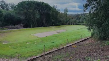 Golf yeşillikleri için çimen yetiştirmek için belirlenmiş bölge bulutlu gökyüzünün altındaki doğal ormanlık alanda..