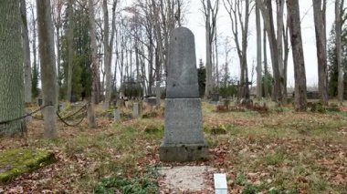 Cesis, Letonya - Ekim 12, 2024 - Sonbaharın sonlarına doğru, ağaçlar ve yapraklarla çevrili uzun, yıpranmış bir mezar taşı manzarası.