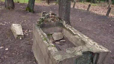 Cesis, Letonya - Ekim 12, 2024 - İçinde moloz ve yosun bulunan çürümüş beton bir mezar, kurumuş yapraklar, toprak ve diğer yıpranmış mezar taşlarıyla çevrili bir Yahudi mezarlığında bulunur..