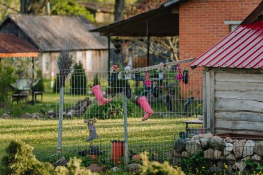 Smiltene, Letonya - 17 Mayıs 2025 - Kırsal bir arka bahçedeki çitin üzerinde bahçe dekoru olarak değiştirilmiş renkli çizmeler ve ayakkabılar, kırsal binalar ve yeşilliklerle çevrili.