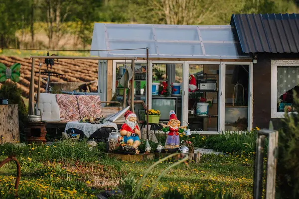 Smiltene, Letonya - 17 Mayıs 2025 - Renkli bahçe cüceleri ve sıcacık bir açık hava dekoru Bir bahar günü klasik eşyalar ve çiçek aksanıyla dolu kırsal bir seranın önünde.