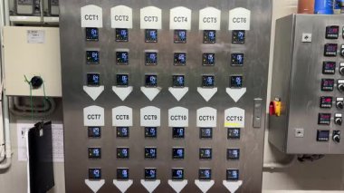 Valmiera, Letonya - 17 Mayıs 2025 - Paslanmaz çelik bira fabrikası sisteminde CCT1 'den CCT12' ye kadar etiketlenmiş fermantasyon tank kontrol paneli.