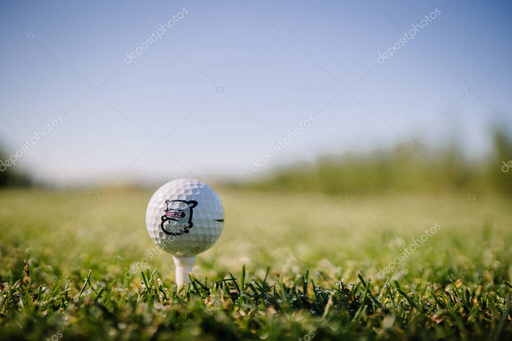 Valmiera, Latvia - May 25, 2025 - Close-up of a golf ball with a cartoon logo on a tee, set on green grass under a clear blue sky, with shallow depth of field and copy space.