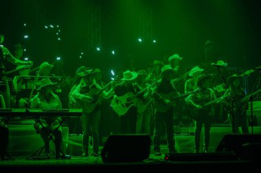 Valmiera, Letonya - 22 Mayıs 2025 - Kovboy şapkalı müzisyenler canlı batı temalı bir performans sırasında loş yeşil bir sahnede gitar ve Yamaha klavyesi çalıyorlar.
