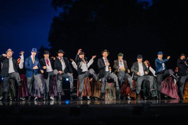 Valmiera, Letonya - 7 Haziran 2025 - GAUJA 80 'deki geleneksel Letonya halk dansları kolajı, renkli kostümlü dansçıları gece aydınlatmalı bir sahnede sergiliyorlar..