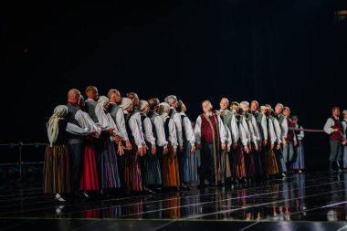 Valmiera, Letonya - 7 Haziran 2025 - GAUJA 80 'deki geleneksel Letonya halk dansları kolajı, renkli kostümlü dansçıları gece aydınlatmalı bir sahnede sergiliyorlar..