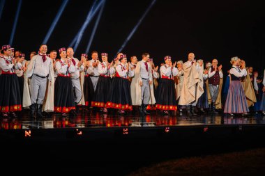 Valmiera, Letonya - 7 Haziran 2025 - GAUJA 80 'deki geleneksel Letonya halk dansları kolajı, renkli kostümlü dansçıları gece aydınlatmalı bir sahnede sergiliyorlar..