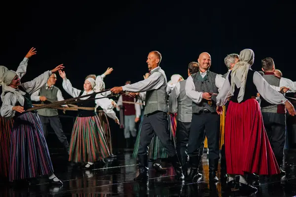 Valmiera, Letonya - 7 Haziran 2025 - GAUJA 80 'deki geleneksel Letonya halk dansları kolajı, renkli kostümlü dansçıları gece aydınlatmalı bir sahnede sergiliyorlar..