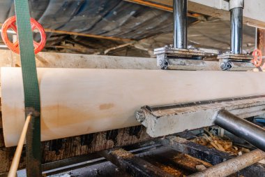 Ahşap işçiliği yapan bir fabrikada büyük bir ahşap kütüğü ince çarşaflara dönüştüren bir kaplama makinesinin yakın çekim görüntüsü. Bıçak, bigudiler ve talaşlar görülebilir..