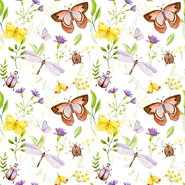 Spring Wedding Seamless Pattern Butterfly Bug Flower Leaves Floral Design — Stock Photo, Image