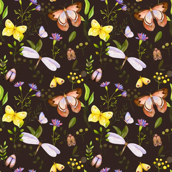 Aquarell Nahtlose Muster Für Druck Stoff Schmetterling Libelle Käfer Blume — Stockfoto