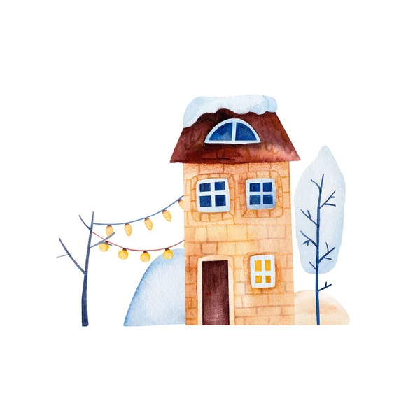 stock image Watercolor winter house with tree, garland. Poster of christmas street, village for greetings card.