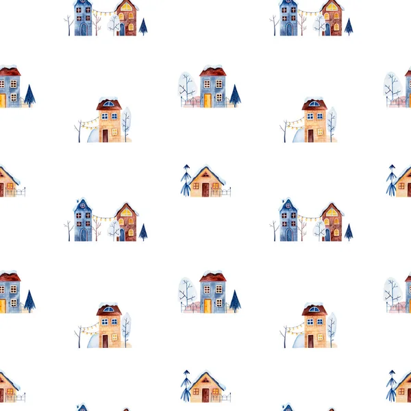 stock image Village landscape in cartoon style, winter street. Watercolor holiday pattern, a great design for any purpose. White background
