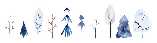 Kış Yılbaşı Ağaçları Suluboya Tasarımı Asgari Çocukça — Stok fotoğraf