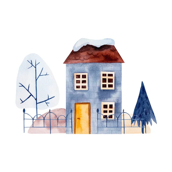 Weihnachtshaus Mit Baum Zaun Plakat Mit Aquarell Illustration Straße Dorf — Stockfoto