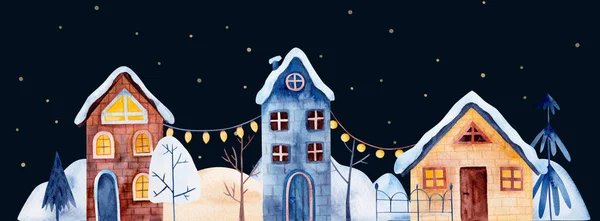 Acquerello Cartolina Del Villaggio Natale Nella Notte Strada Invernale Edifici — Foto Stock