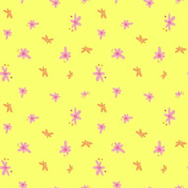 Bright flower pattern, spring time illustration for any purposes. Yellow background textile print design