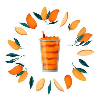 Mangonada, yuvarlak çerçeveli mango kokteyli, baskı için dijital suluboya.