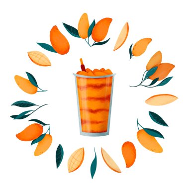 Mangonada, mango cocktail in round frame, digital watercolor for print clipart
