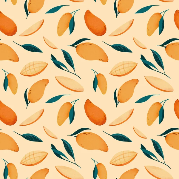 Gelbe Und Orange Mango Mit Blättern Nahtloses Muster Digitales Aquarell — Stockfoto