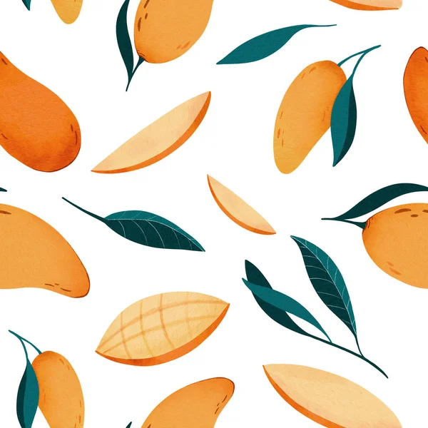 Tropische Nahtlose Muster Von Mango Mit Blättern Mit Weißem Hintergrund — Stockfoto