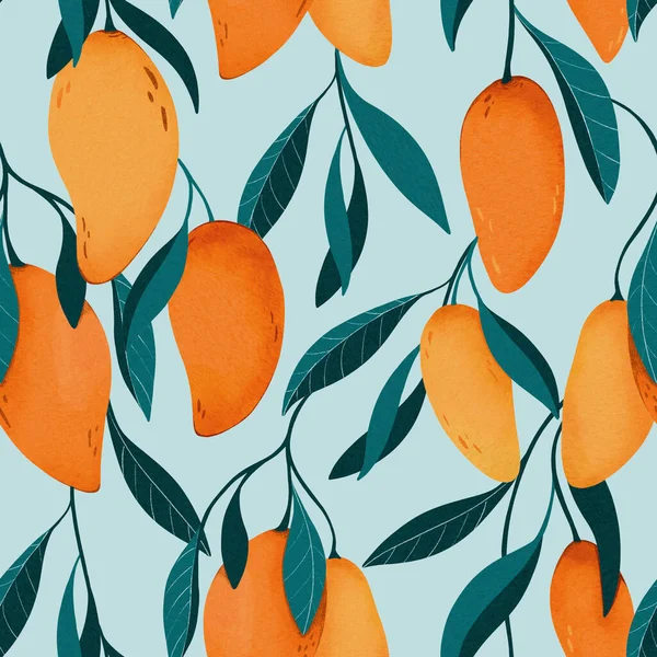 Nahtloses Muster Von Mango Mit Blättern Mit Blauem Hintergrund Exotisches — Stockfoto