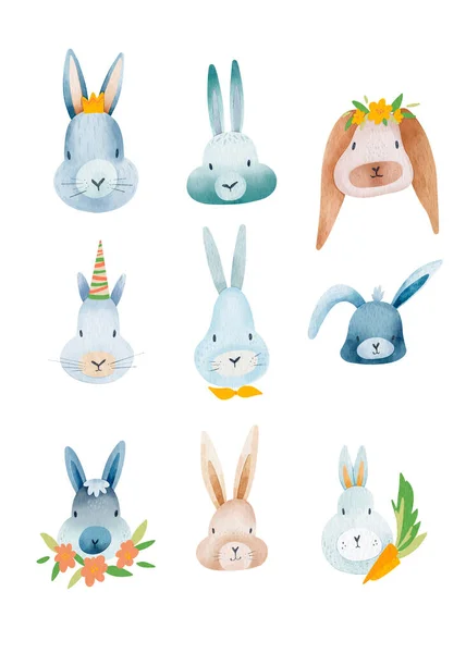 Cartoon collection of cute rabbits on a white backdrop. Digital watercolor baby print. Pastel color