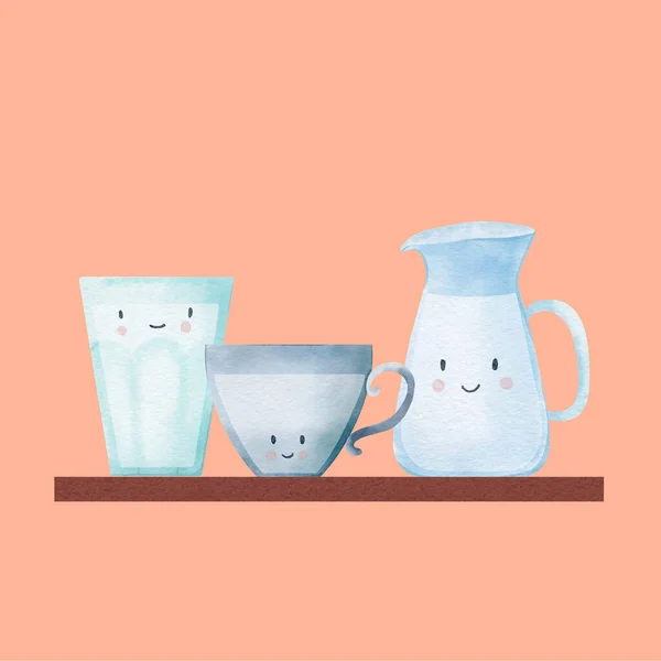 Happy milk glasses with faces on the shelf in cartoon style. World milk day card. Digital watercolor illustration.