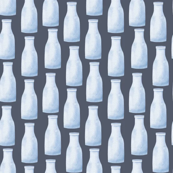 Cartoon milk bottles pattern for textile design. Digital watercolor illustration