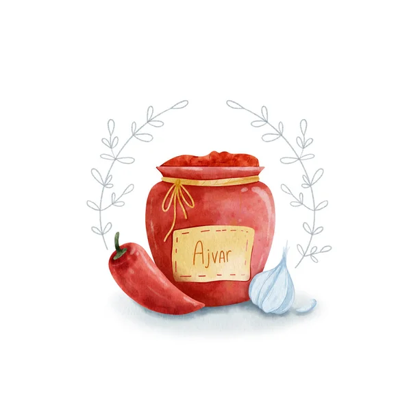 传统巴尔干食物 Ajvar 加胡椒和大蒜的罐子 自制辣酱 数码水彩画 — 图库照片