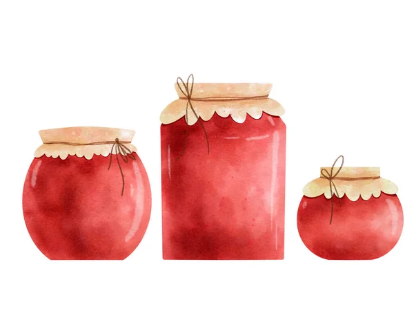Set Potten Met Vruchtenjam Rode Zelfgemaakte Marmelade Digitale Aquarel — Stockfoto