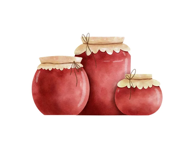 Rode Zelfgemaakte Marmelade Set Potten Met Vruchtenjam Digitale Aquarel — Stockfoto