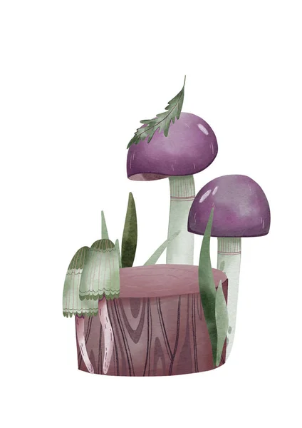 Poster Mushrooms Stump Leaves Cartoon Style Print Watercolor Art Background — Stock Photo, Image