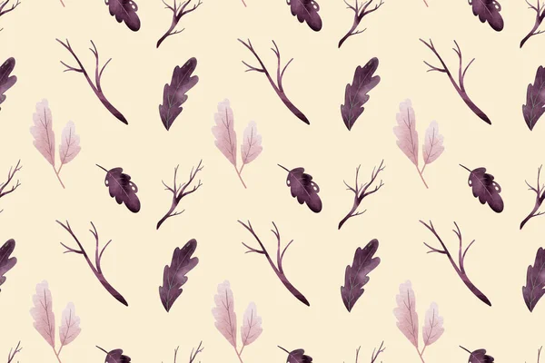 Autumn Seamless Pattern Leaves Branches Digital Watercolor Light Yellow Background — Stock Photo, Image
